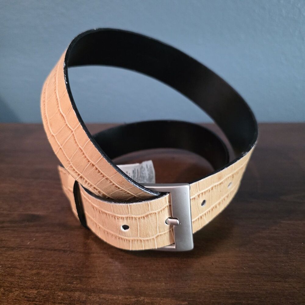 ZARA Mens Croc Print Skins Leather Tan Yellow Belt Size M Silver Buckle